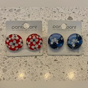 Stud earrings, vintage-style, red and blue